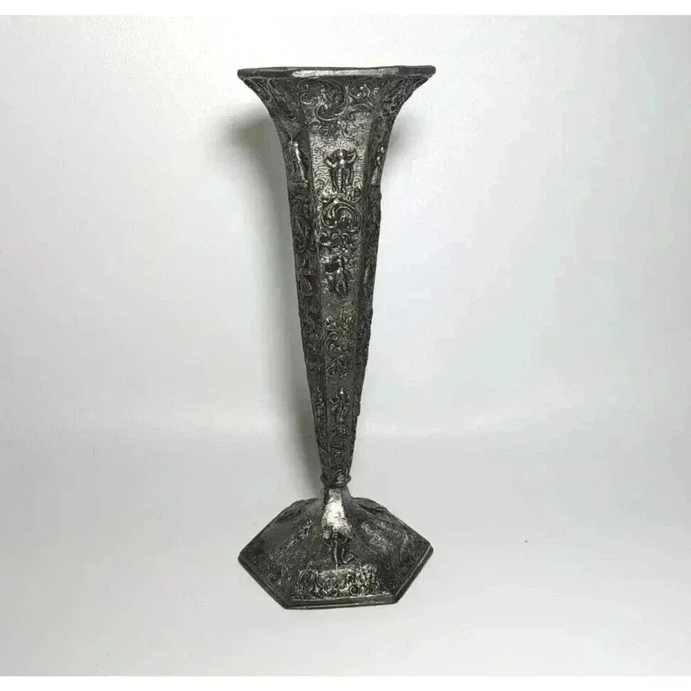 Antique Fine Dutch Silver Finish Vase JSW Repousse Windmills Sailboats Tapered